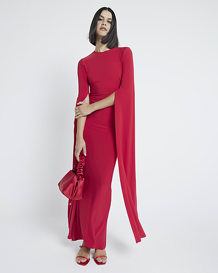 Red Flared Split Sleeve Maxi Dress