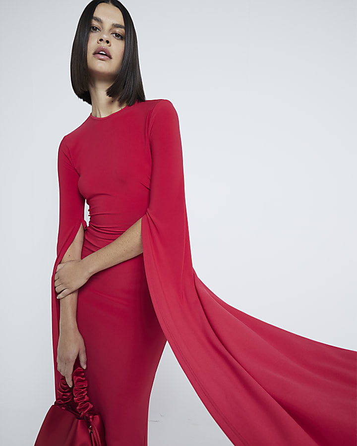 Red Flared Split Sleeve Maxi Dress