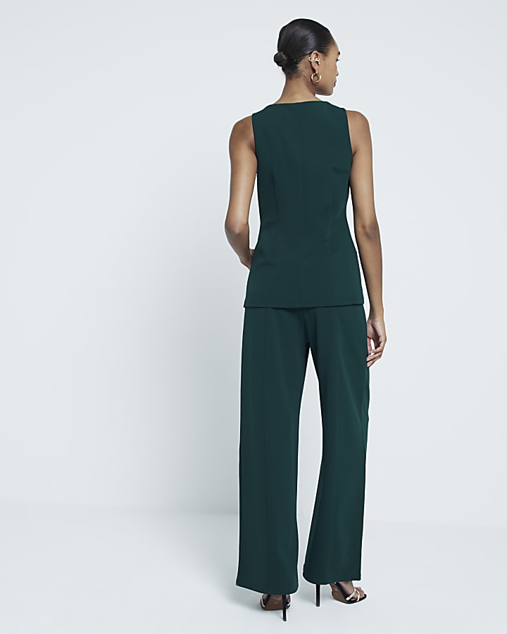 Green Scuba Wide Leg Stitch Trousers