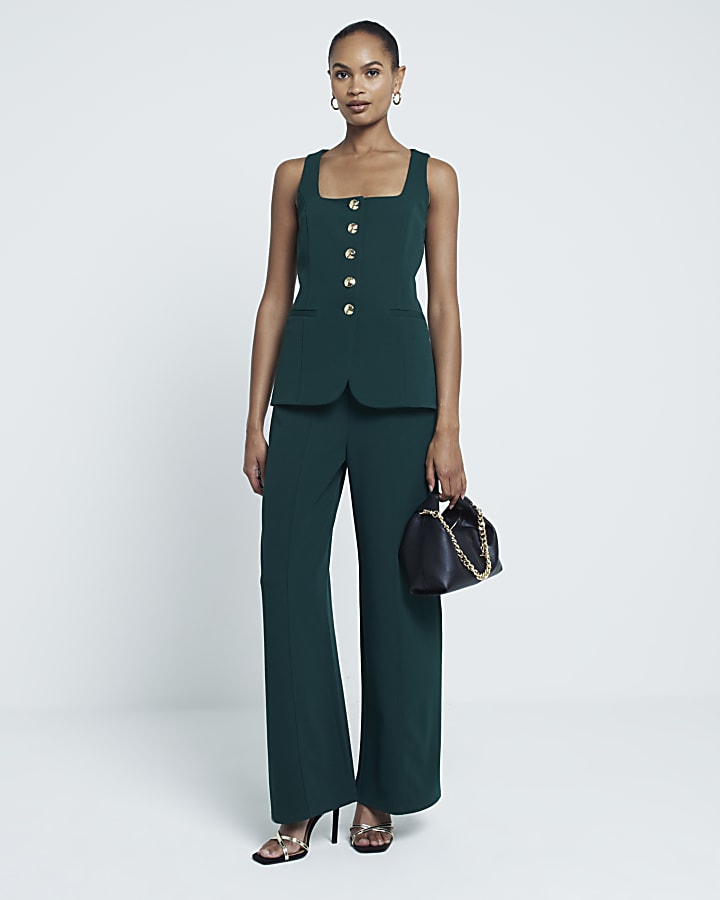 Green Scuba Wide Leg Stitch Trousers