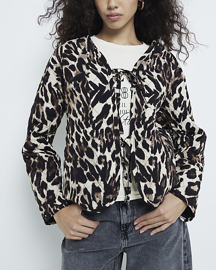Brown Leopard print quilted tie front jacket