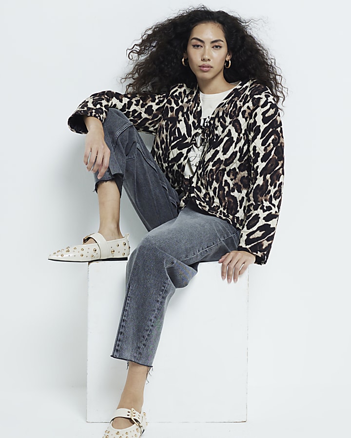 Brown Leopard print quilted tie front jacket