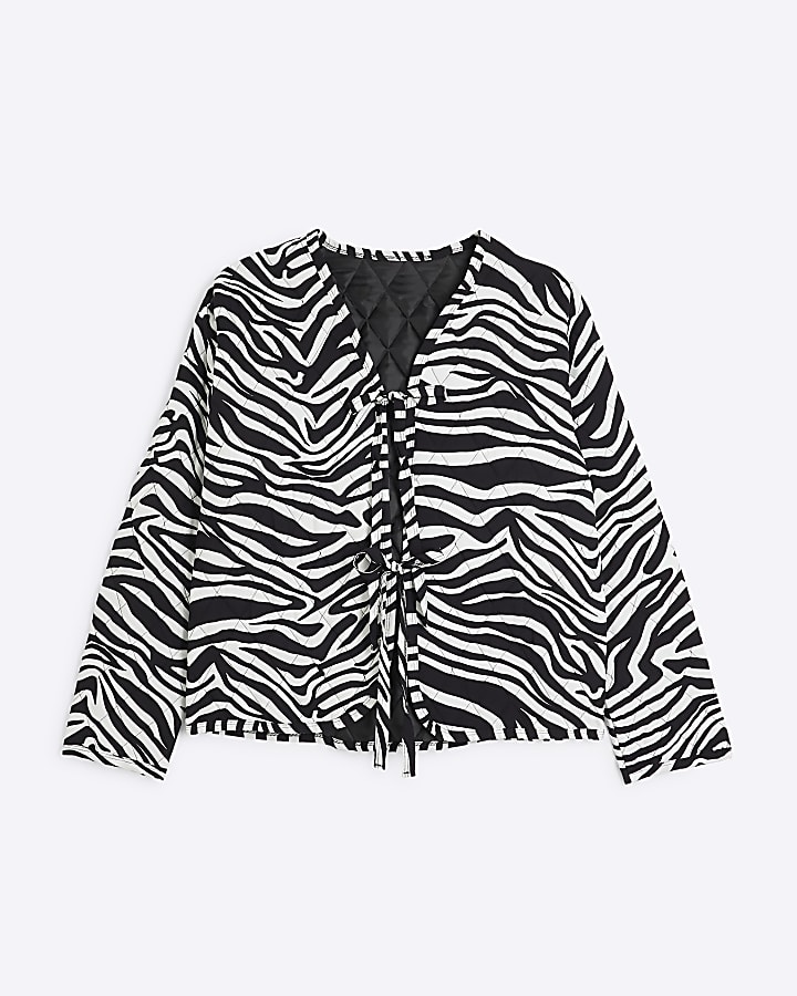 Black zebra print quilted tie front jacket