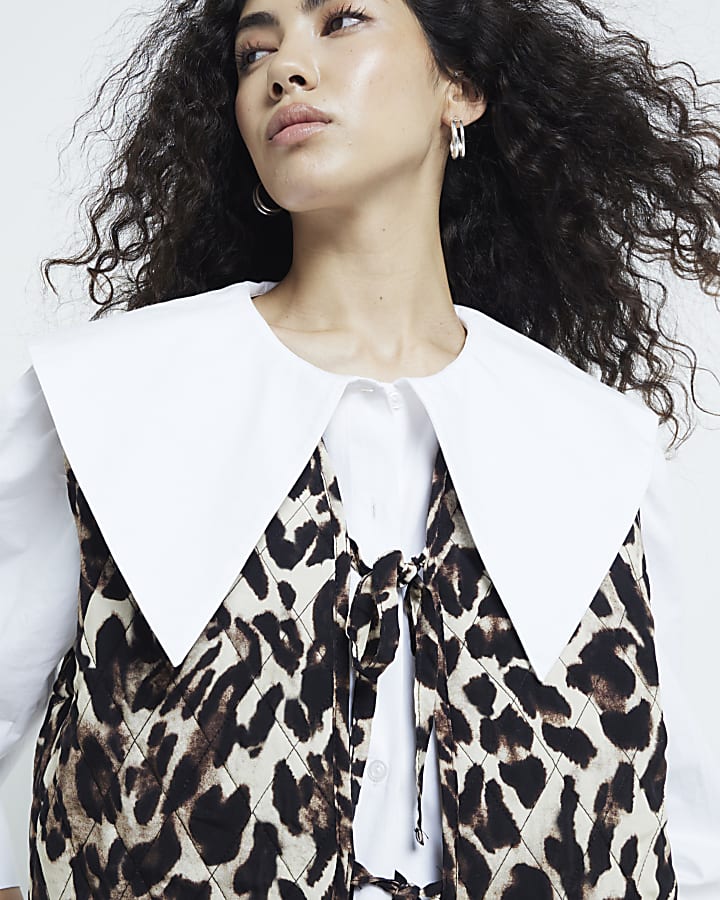 Brown Leopard Print Quilted Tie Front Gilet