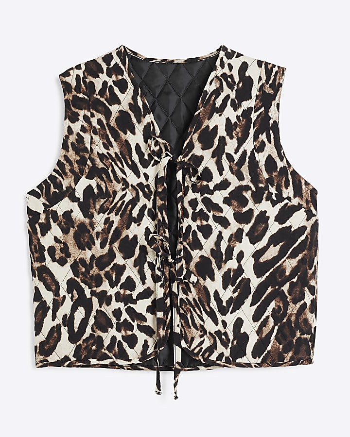 Brown Leopard Print Quilted Tie Front Gilet
