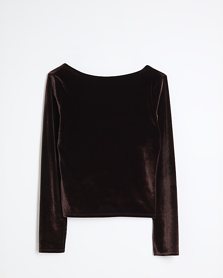 Brown Long Sleeved Velvet Scoop Back Top