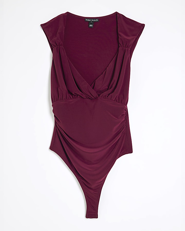 Red Sleeveless Ruched Wrap Bodysuit