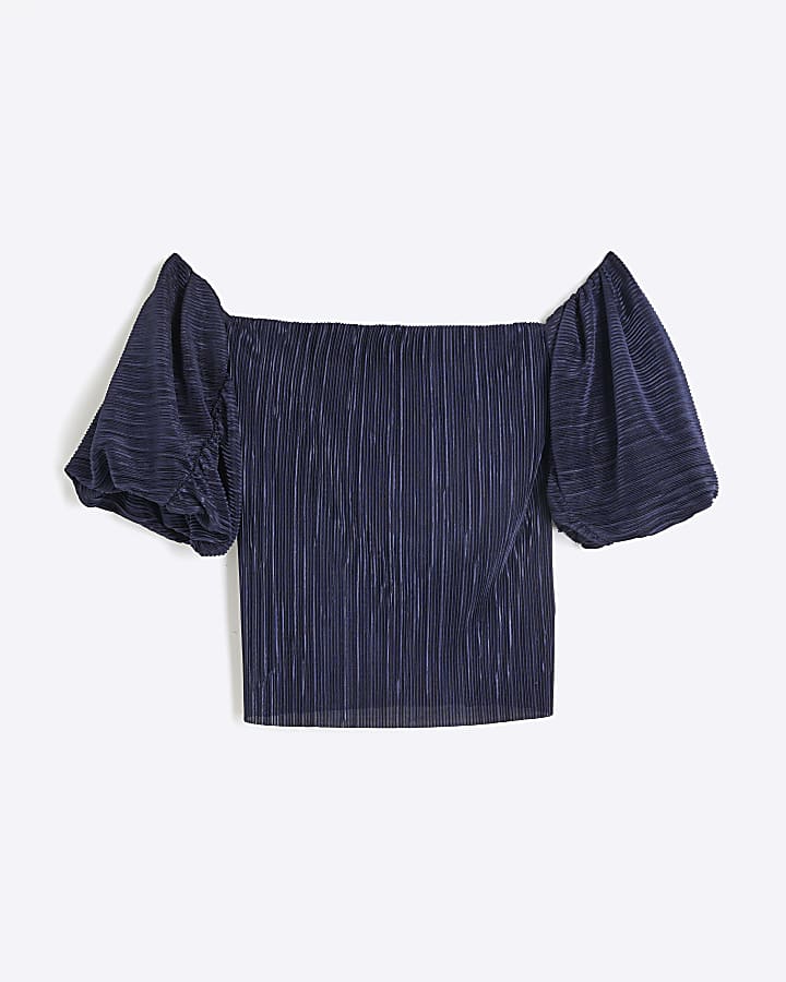 Navy Puff Sleeve Bardot Plisse Top