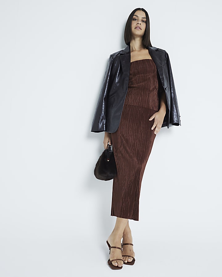 Brown Plisse Bubble Sleeve Top