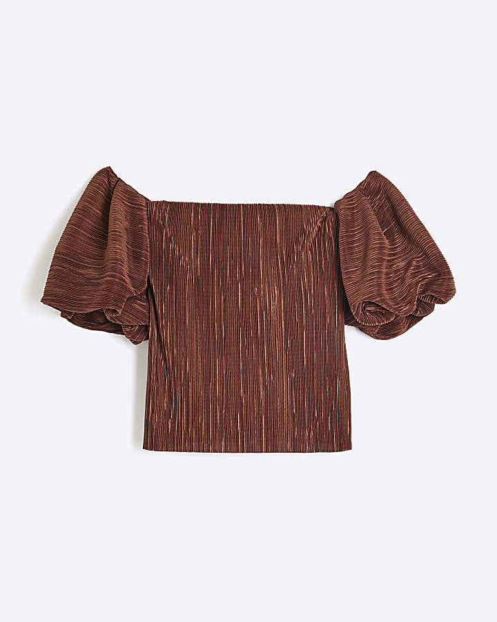 Brown Plisse Bubble Sleeve Top