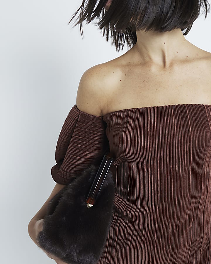 Brown Plisse Bubble Sleeve Top