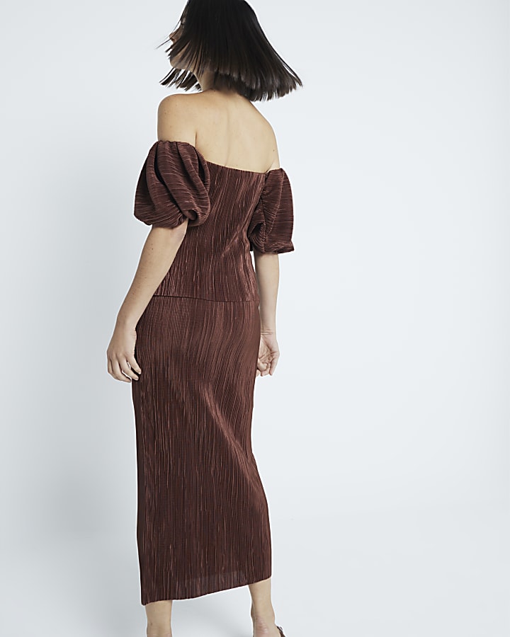 Brown Plisse Midi Skirt