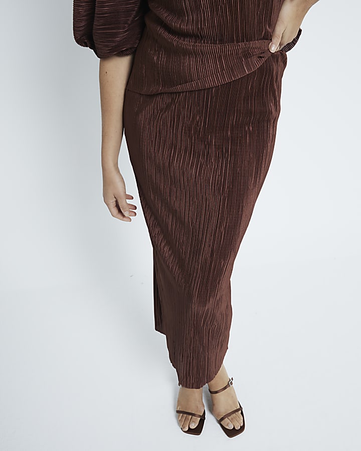 Brown Plisse Midi Skirt