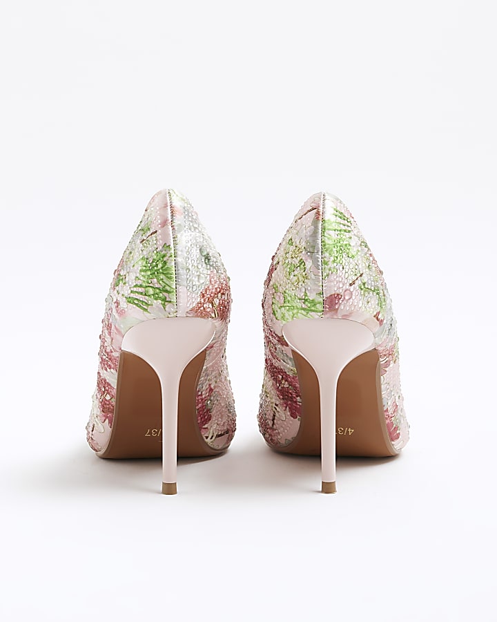 Pink Faux Leather Floral Court Shoes