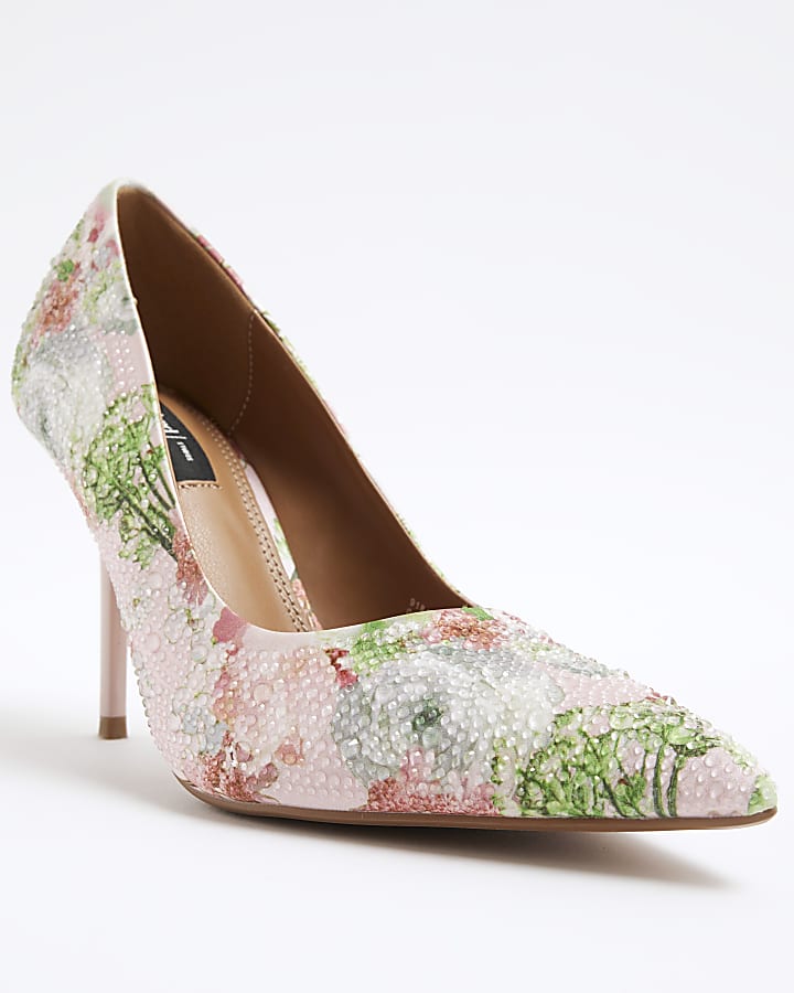 Pink Faux Leather Floral Court Shoes