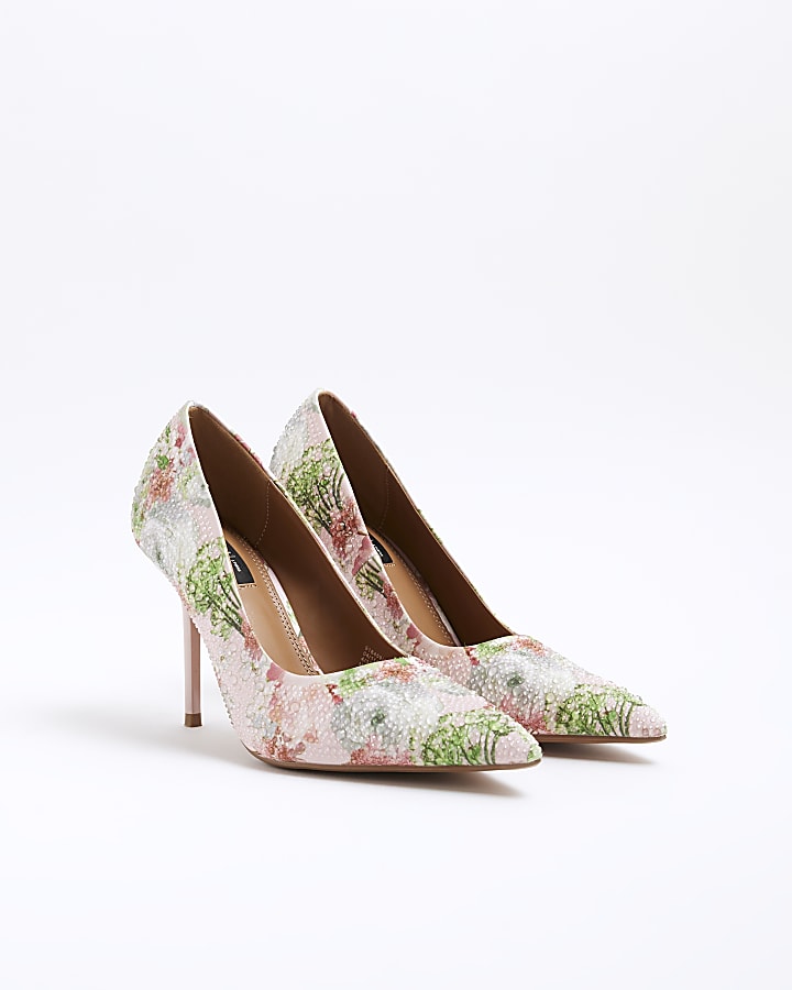 Pink Faux Leather Floral Court Shoes