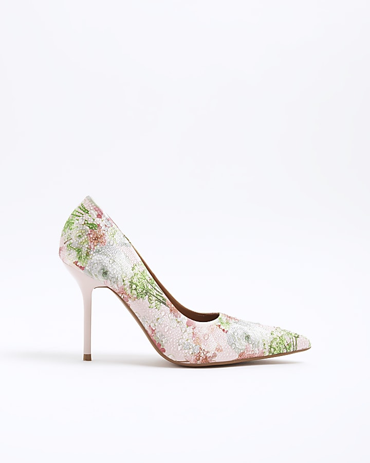 Pink Faux Leather Floral Court Shoes