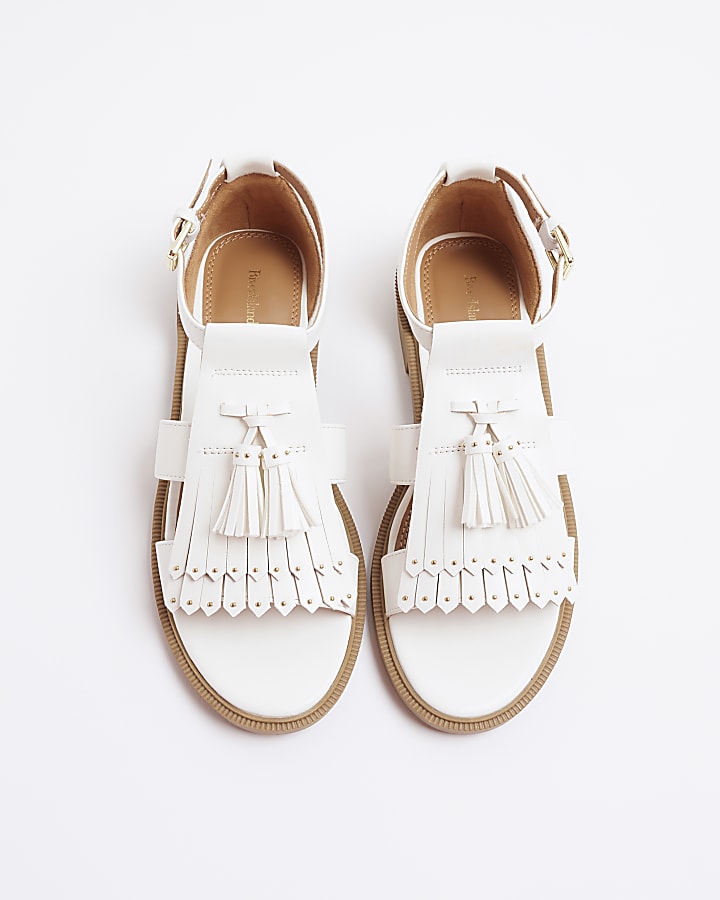 Cream Faux Leather Tassel Loafer Sandals