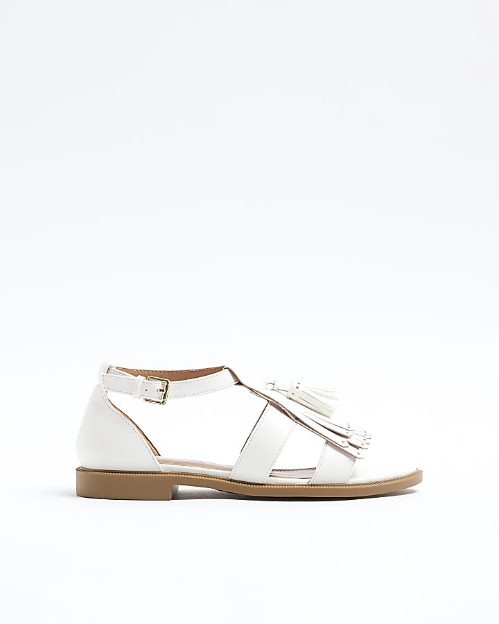 Cream Faux Leather Tassel Loafer Sandals