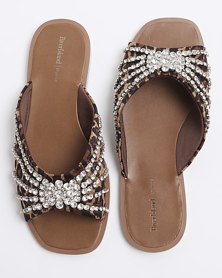 Brown Embellished Leopard Print Sandals