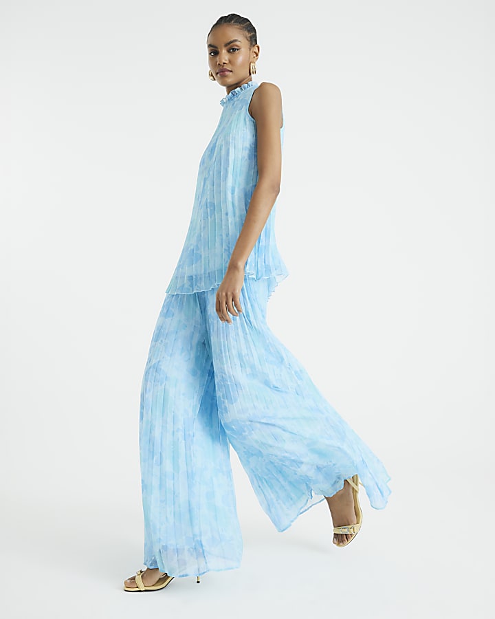 Blue Floral Wide Leg Plisse Trousers