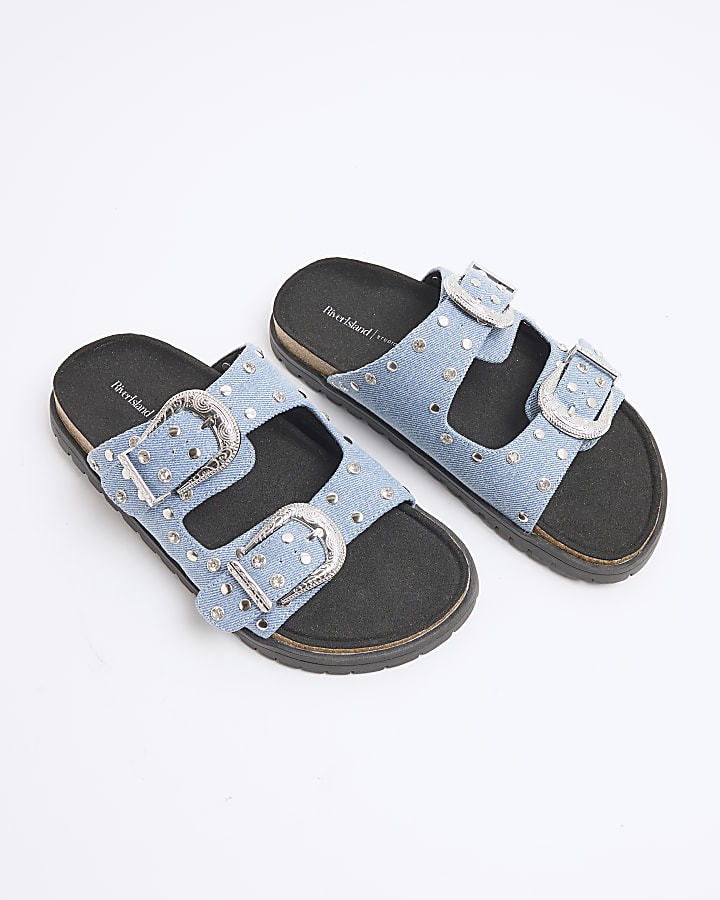 Denim Studded Strap Footbed Sandals