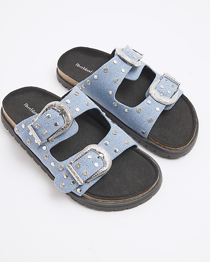 Denim Studded Strap Footbed Sandals