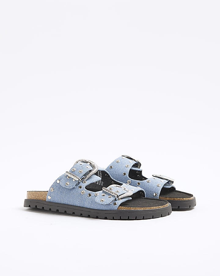 Denim Studded Strap Footbed Sandals