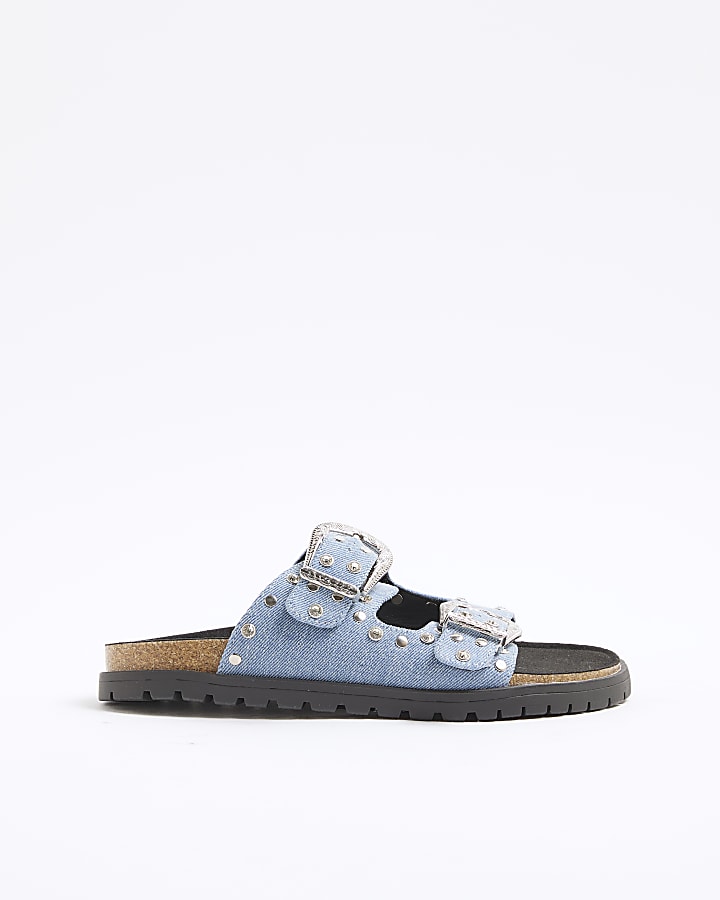 Denim Studded Strap Footbed Sandals