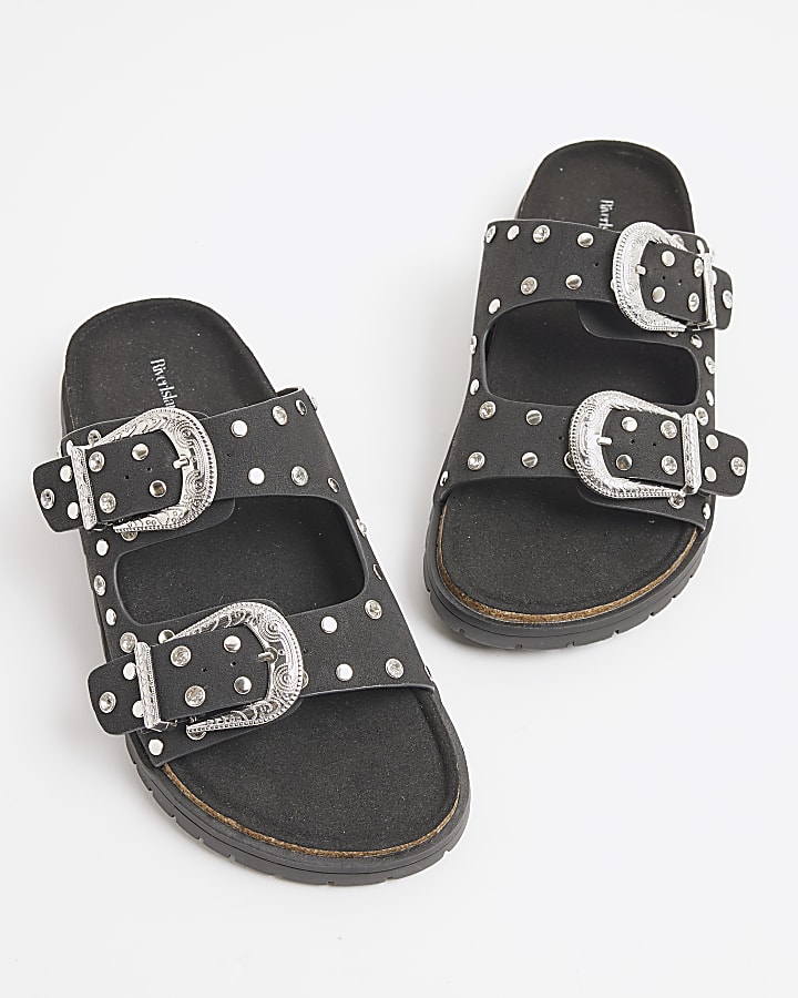 Black Studded Strap Footbed Sandals