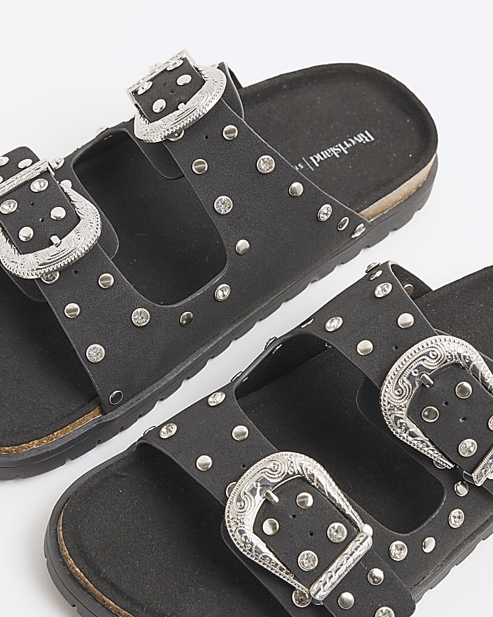 Black Studded Strap Footbed Sandals