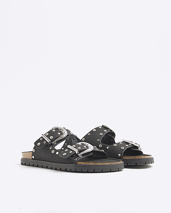 Black Studded Strap Footbed Sandals