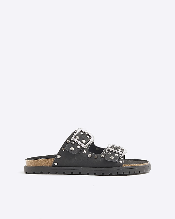 Black Studded Strap Footbed Sandals