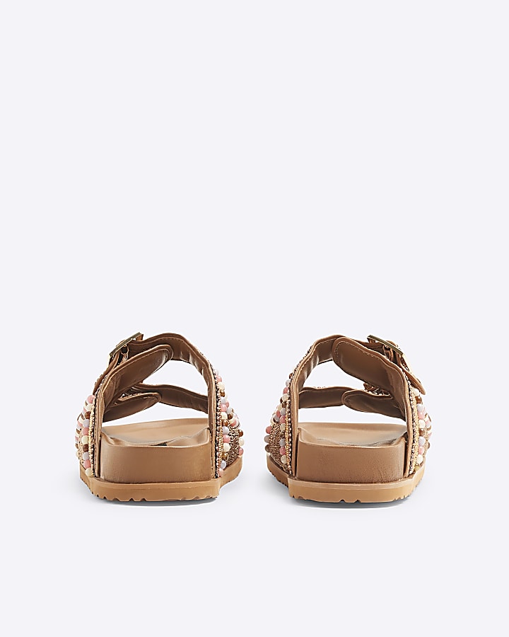 Brown Suede Embellished Footbed Sandals