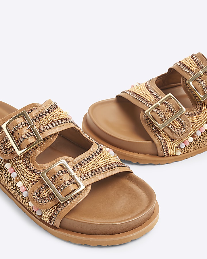 Brown Suede Embellished Footbed Sandals