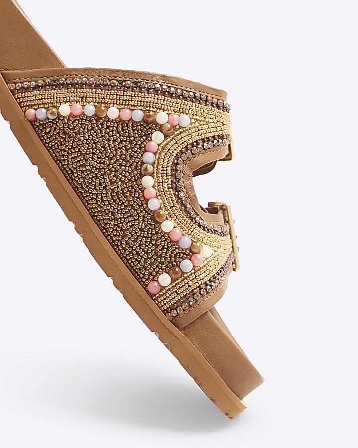 Brown Suede Embellished Footbed Sandals