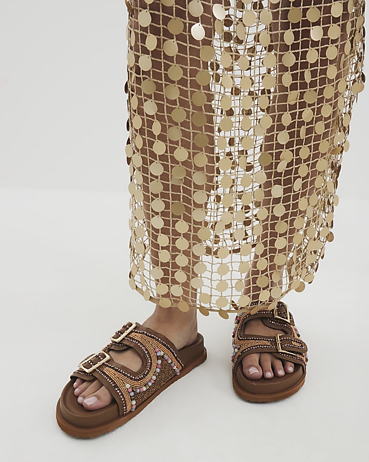 Brown Suede Embellished Footbed Sandals