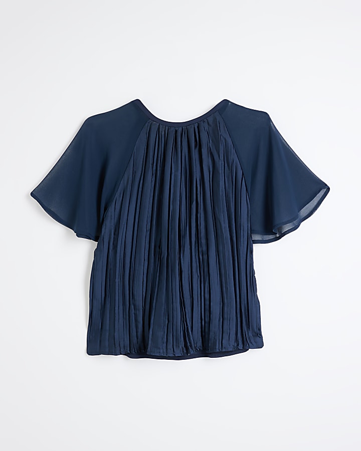 Navy Crinkle short sleeve Top