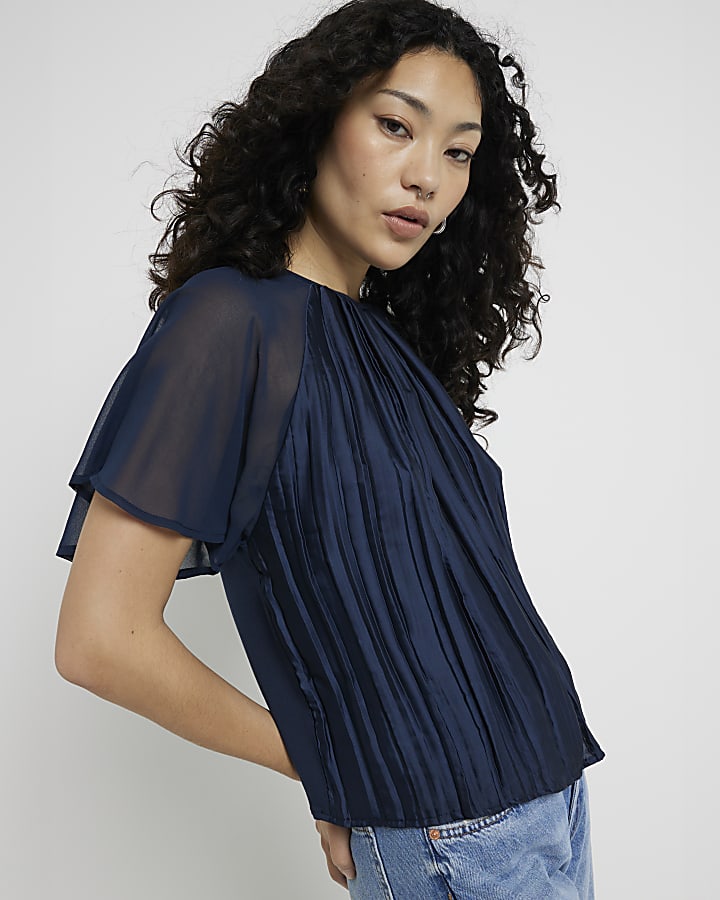 Navy Crinkle short sleeve Top