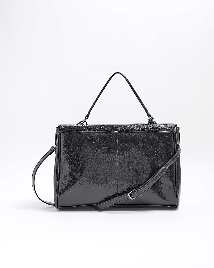 Black Faux Leather Charm Tote Bag