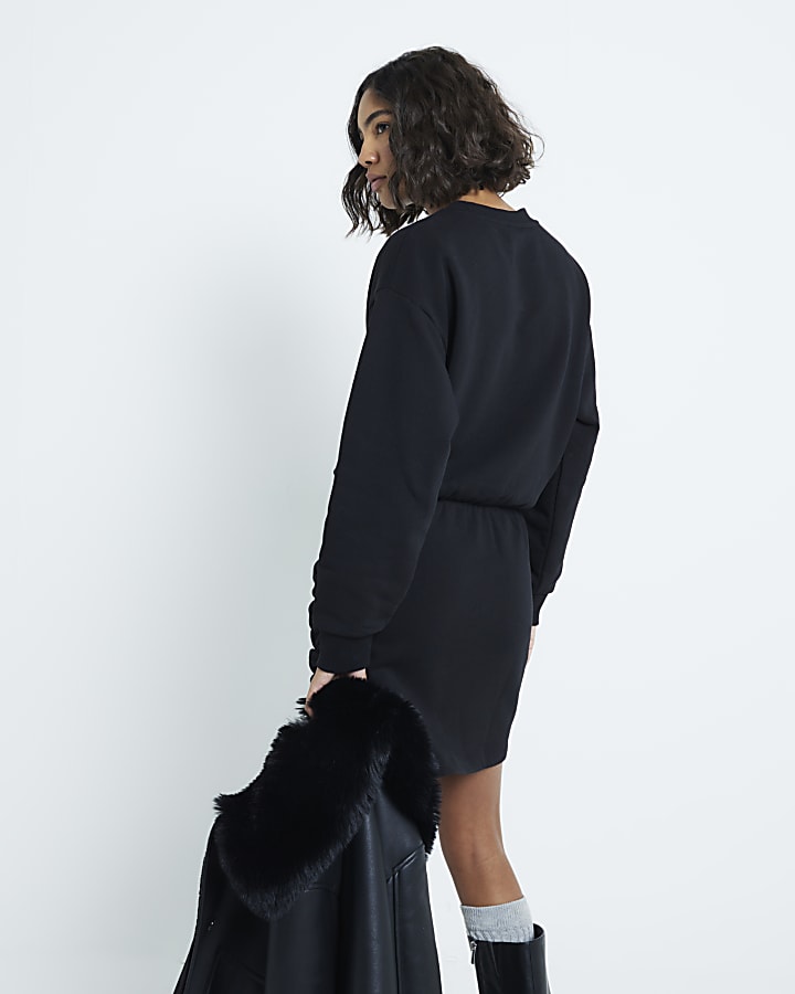 Black Long Sleeve Ruched Sweatshirt Dress