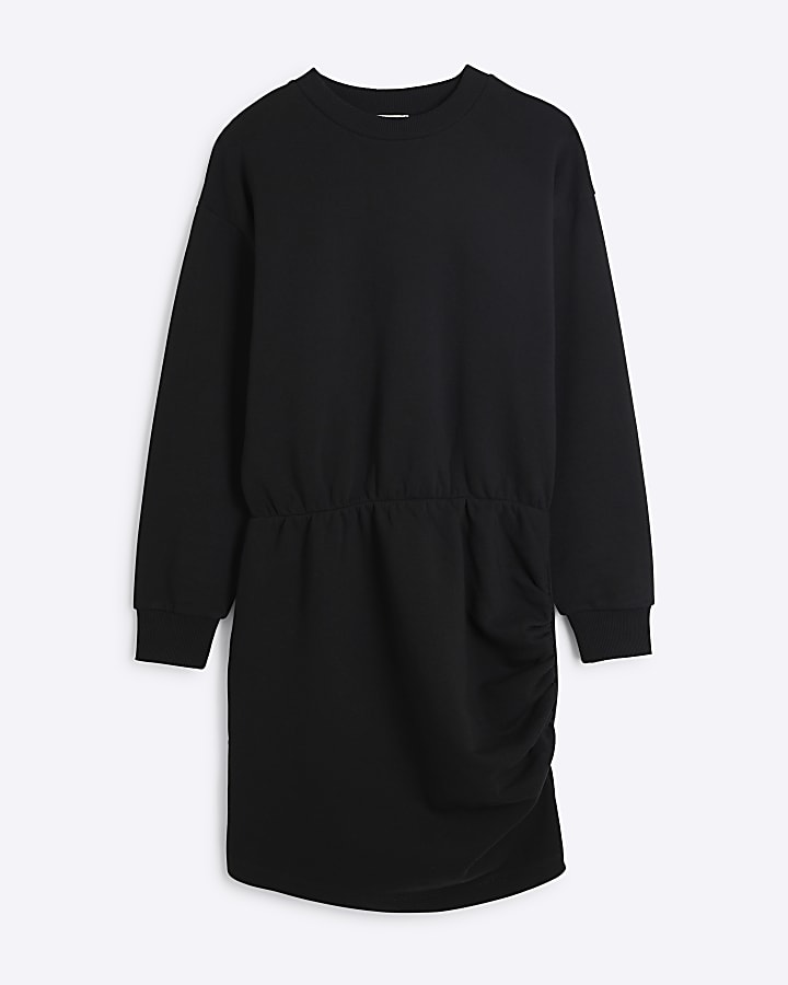 Black Long Sleeve Ruched Sweatshirt Dress
