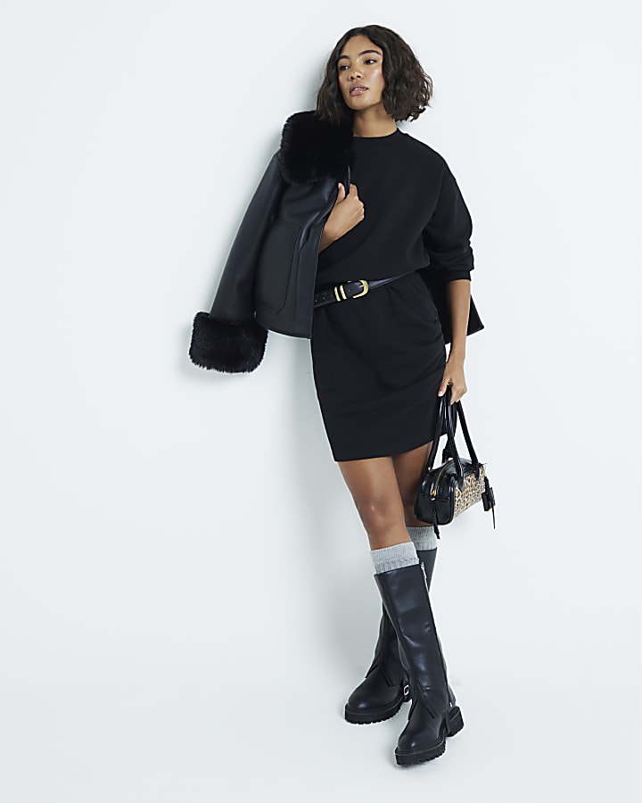 Black Long Sleeve Ruched Sweatshirt Dress