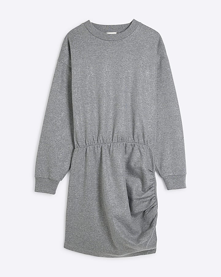 Grey Metallic Ruched Sweat Dress