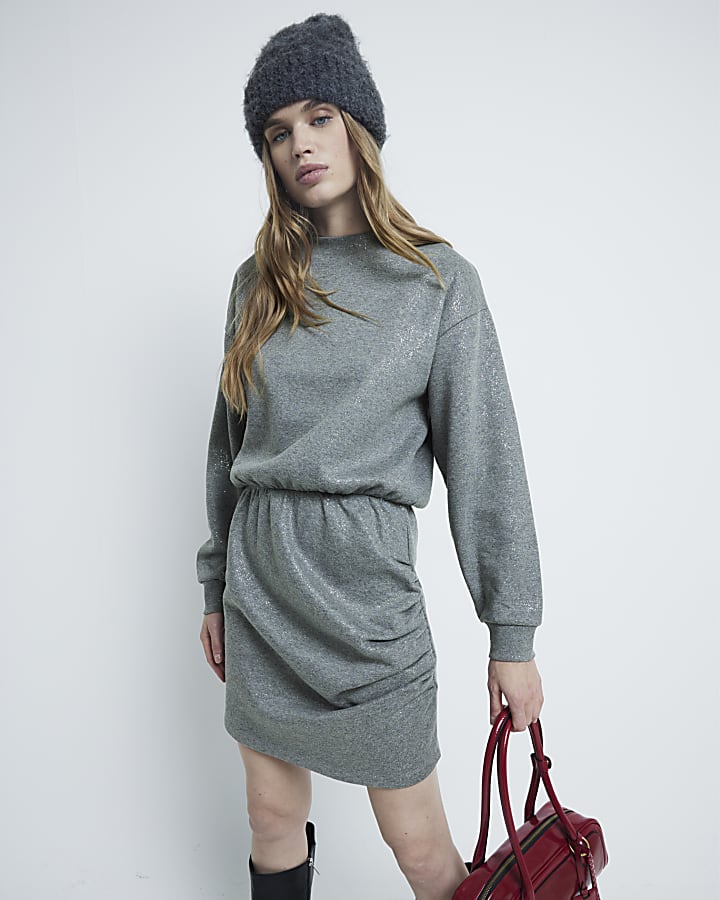 Grey Metallic Ruched Sweat Dress