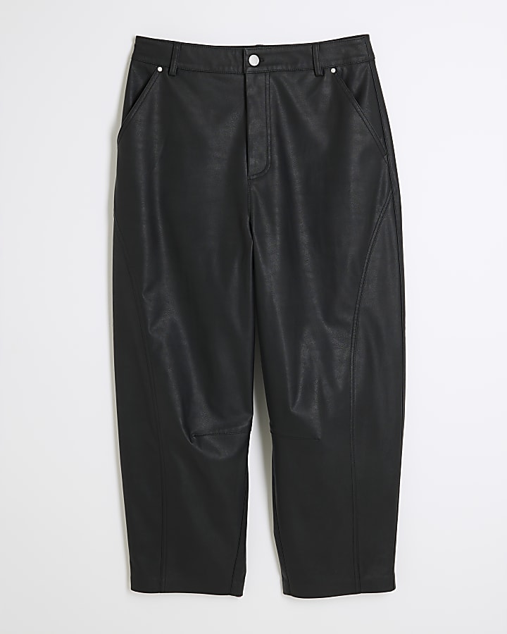 Black Faux Leather Barrel Leg Trousers