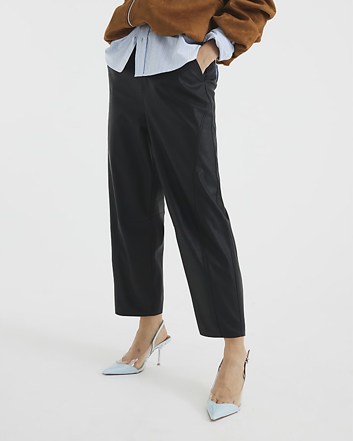 Black Faux Leather Barrel Leg Trousers