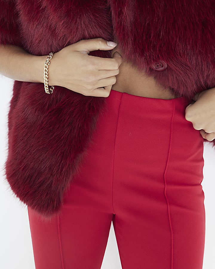 Petite Red Bootcut Cropped Pull On Trousers