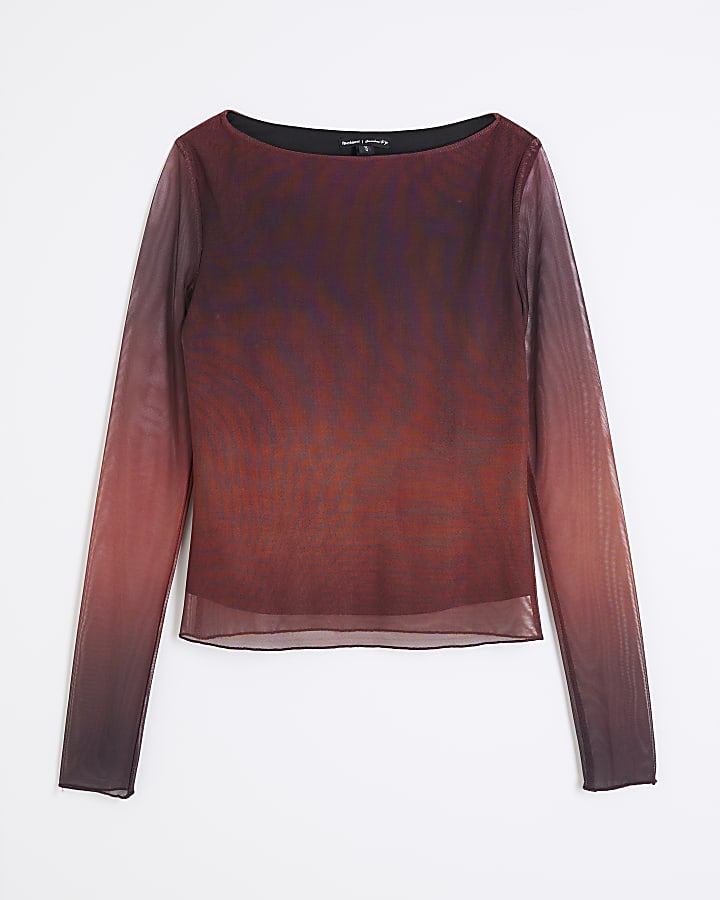 Petite Red Mesh Ombre Print Top