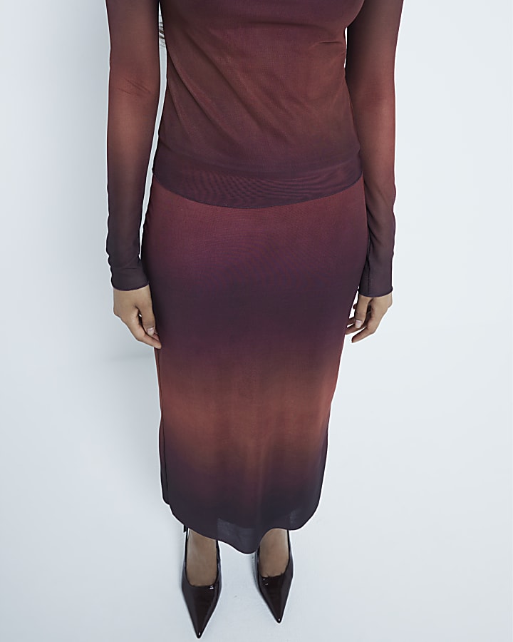 Petite Red Mesh Ombre Print Midi Skirt